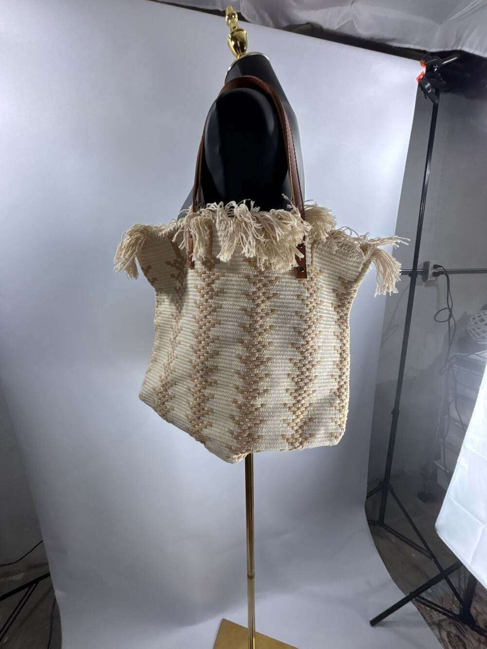 Unbranded Woven Geometric Tote Bag Beige Fringe
